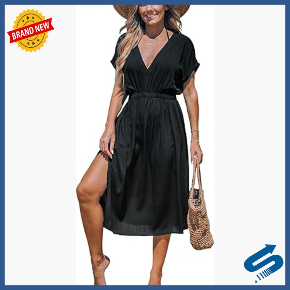 V-Neck Striped Midi Coverup Dress Short Sleeve Loose Fit Rayon Beach